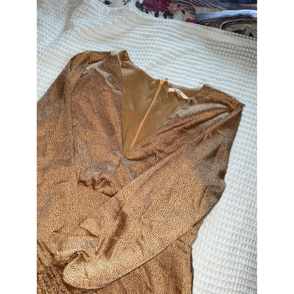 Mi Ami Mini Dress Womens Medium Gold Black Micro Dot Satin V-Neck Long Sleeve
